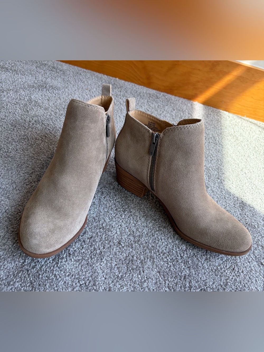 Lucky Brand Basel Suede Ankle Booties Taupe Grey Side Zip Boots Women's Size 9